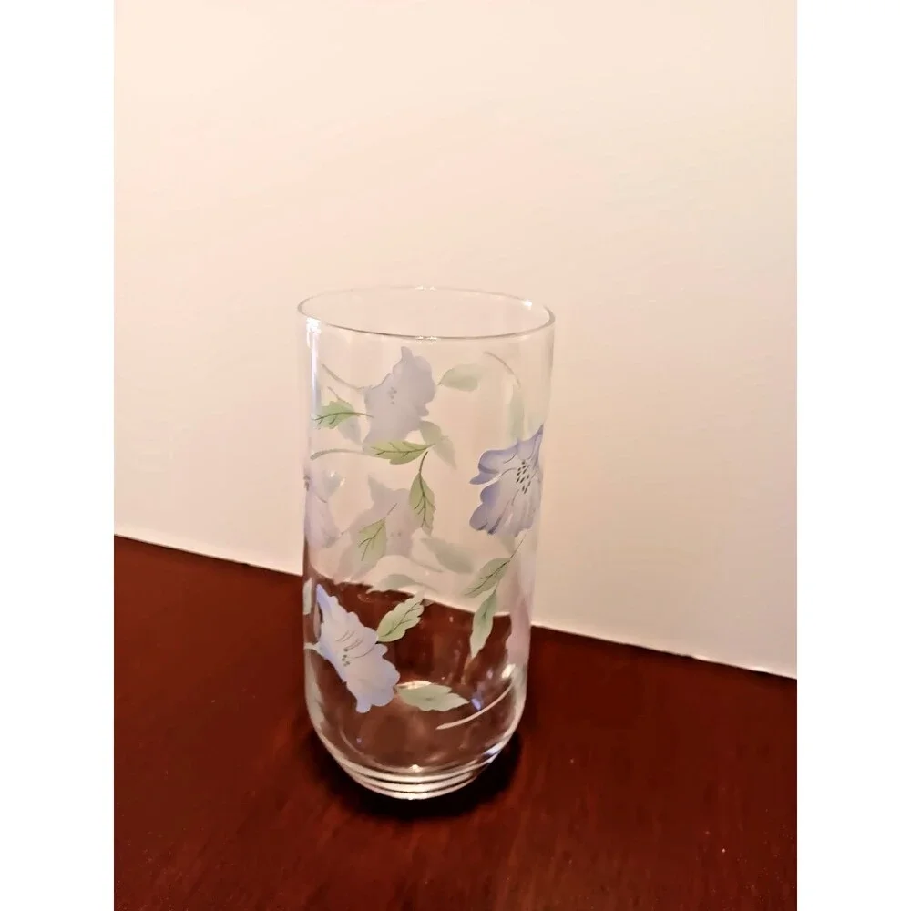 Vintage Set of 4 Floral 14 oz Drinking Glasses Blue Pink Flower Tumblers
